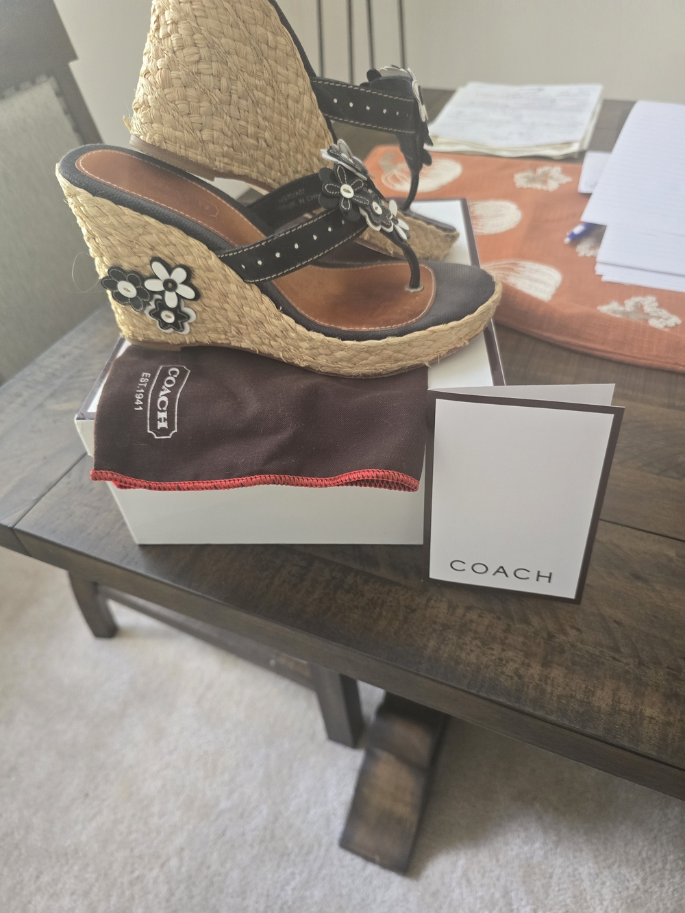 COACH Black Floral Leather Wedge Sandals These Were $350.00 New. This Is A Steal